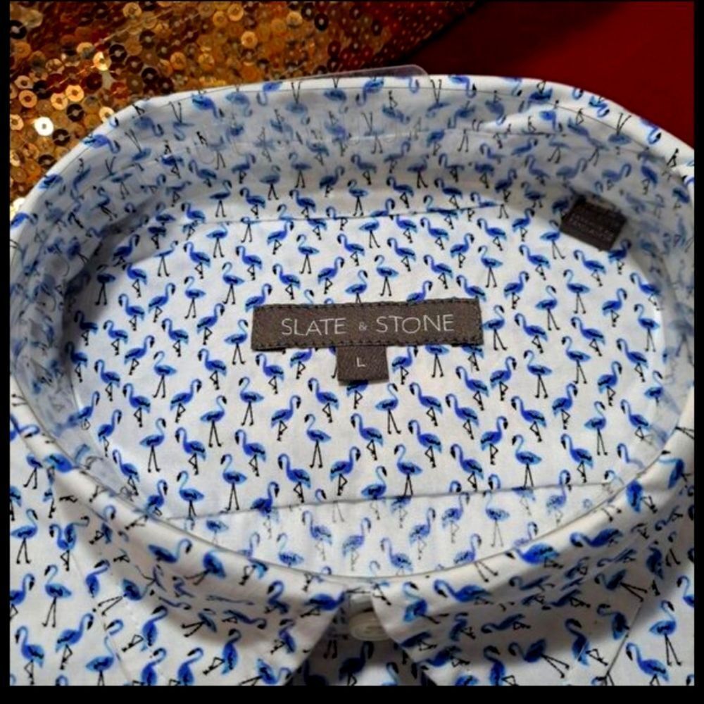 Slate & Stone Button Down  Blue Flamingo collar Shirt Short Sleeve NWT